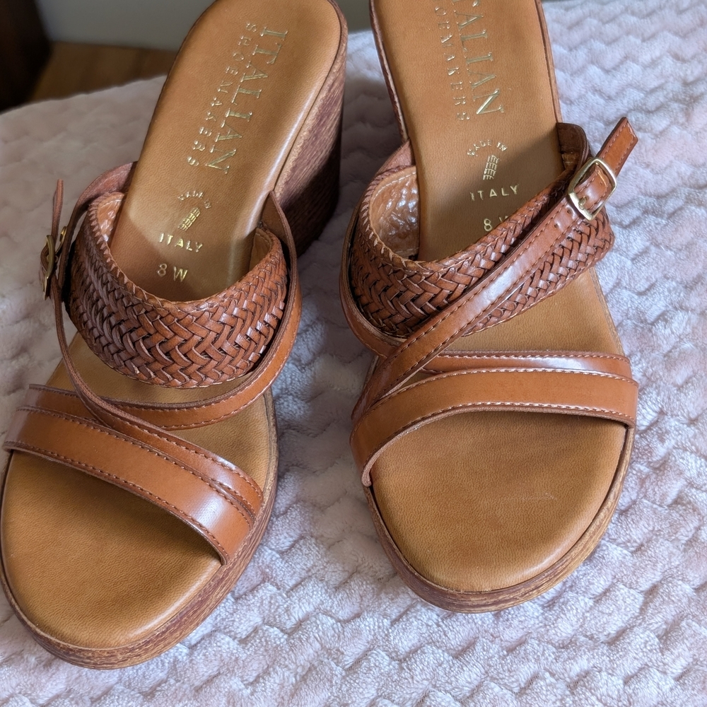 Italian Shoemakers Women's Tan Sandals. Mule Wedge Slip On. Size 8W
